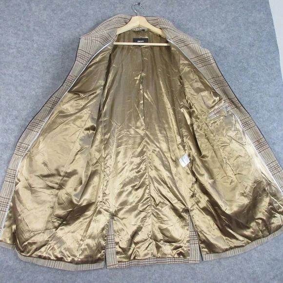 DKNY Women's Plaid Wool-Blend Pea Coat Academia Collar Outwear Jacket Tan M 1198 - Picture 6 of 14